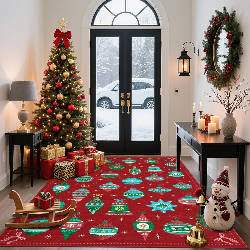 4x6ft Washable Christmas Ball Print Accent Rug w/ Non-Slip Backing,Stain-Resistant Low Pile Xmas Holiday Carpet