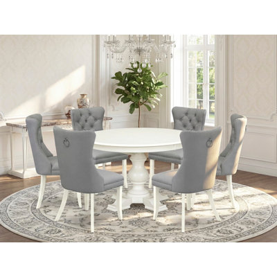 7-Piece Dining Room Table Set 6 Light Gray Upholstered Chairs with Polyester Fabric and Round/Oval shape Table - Linen White Finish.