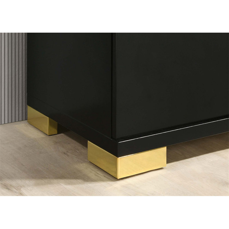 Table de chevet attrayante avec 2 tiroirs et poignées à finition dorée, table de chevet contemporaine avec pieds en métal