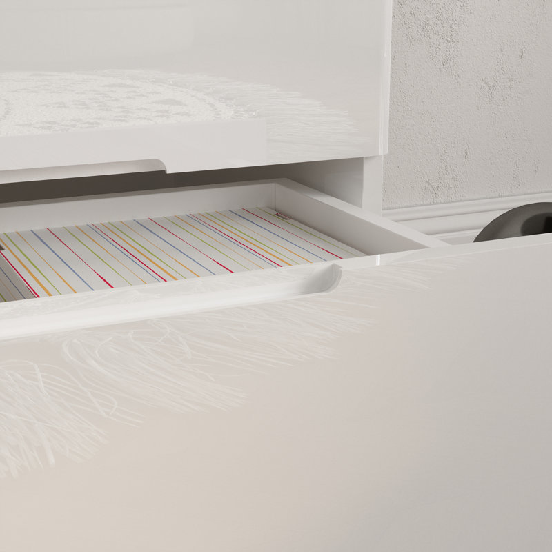 Commode 8 tiroirs avec finition brillante et lumière chaude, Blanc