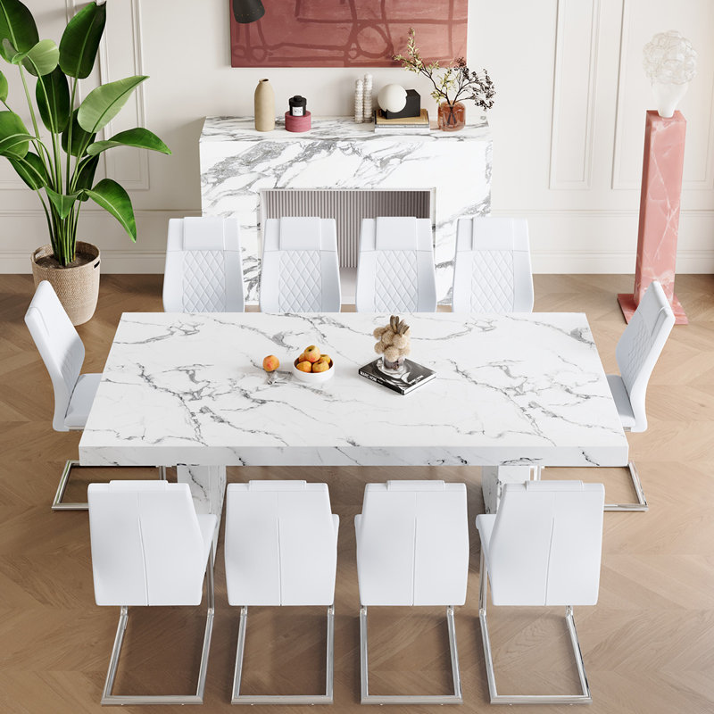 79'' Marble-Patterned Wood Dining Table Set for 10, White, 11