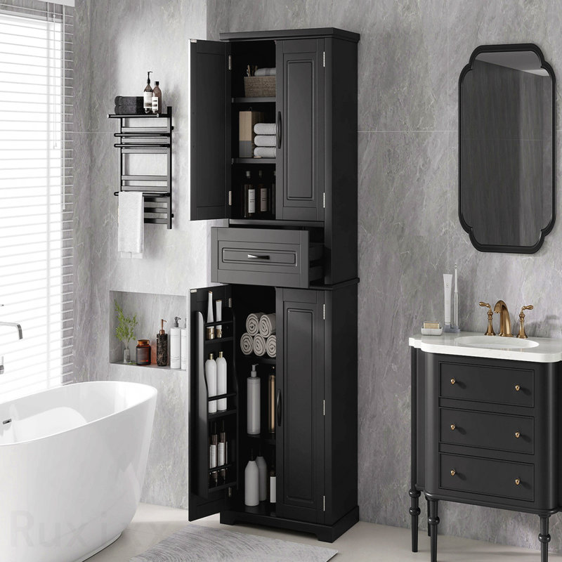 Armoire de rangement pour salle de bain avec espace de rangement multifonctionnel, tiroir avec glissières, tablette réglable, noir