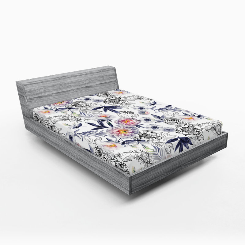 Drap-housse rustique Ambesonne, Drap-housse très grand californien, Indigo foncé, rubis pâle / floral