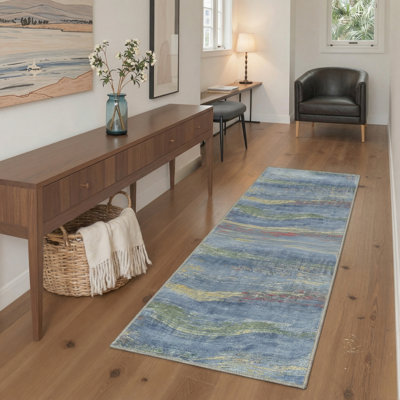 Coastal Water Waves Machine Washable Dusty Azure Indoor Area Rug With Non-Slip Backing