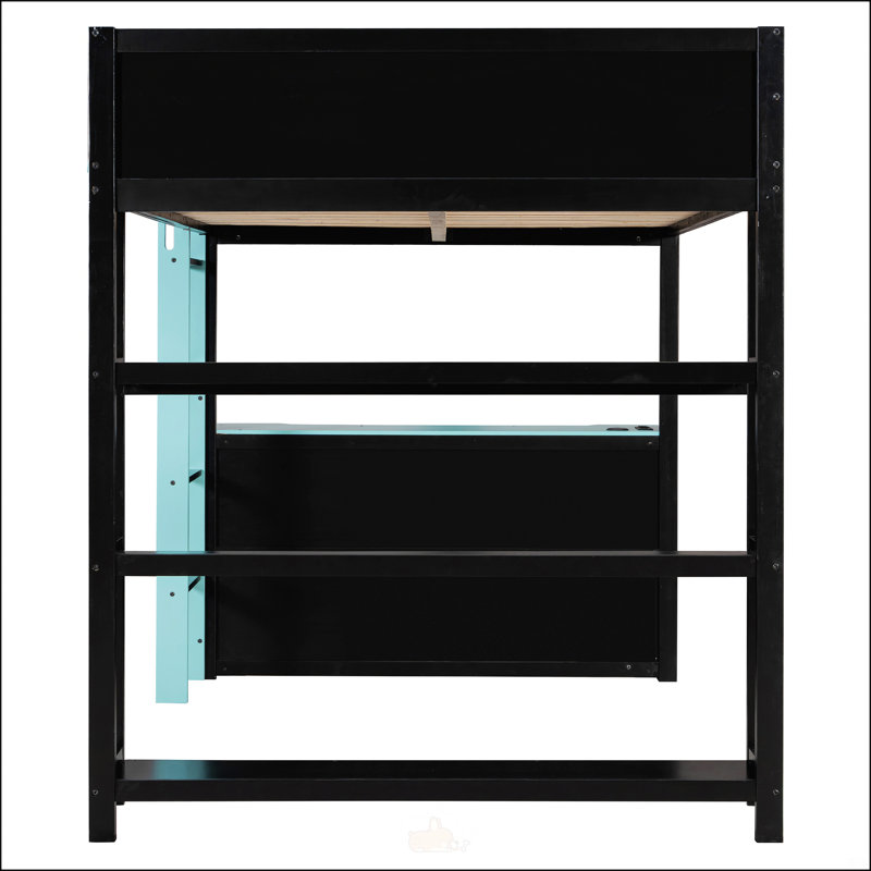 Lit mezzanine double avec bureau intégré, tablettes et lumières DEL pour jouer et étudier, Noir / Bleu