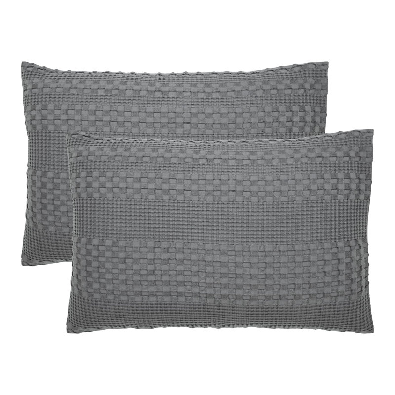 Ensemble de 2 taies décoratives en coton blanc Waffle Weave, Très grand lit, Gris