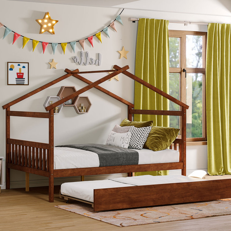 Wooden House Bed With Trundle, Walnut, Full