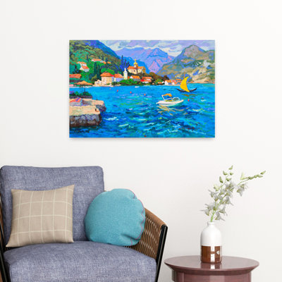 Art contemporain, paysage côtier serein, vibrant et coloré