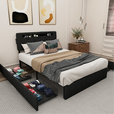 Structure de lit pour grand lit avec lumières de charge et à DEL, 4 tiroirs, métal / bois robuste, revêtement en lin, aménagement de style chambre à coucher, station de rangement gris foncé, rangement de tiroir, construction, attrait