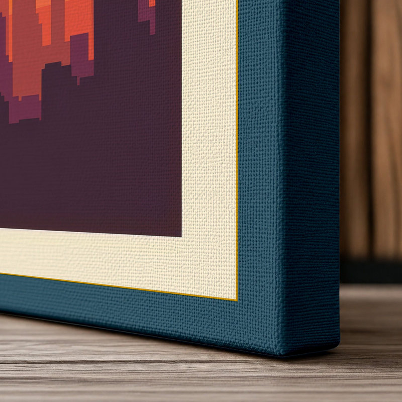 Cityscape at Sunset Retro - Wrapped Canvas, 24x16 - 61.0 x 40.6 cm, Teal Border