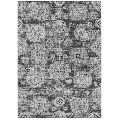 9' X 12' Gray Charcoal And Silver Floral Washable Indoor Outdoor Area Rug