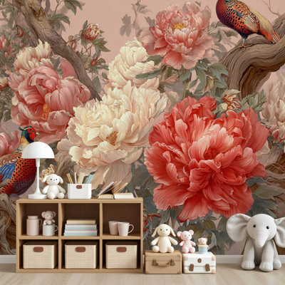 Papier peint adhésif pelez et collez surdimensionné pivoines en fleurs Vibrant Pheasants Pale Blush Backdrop Wall Murals H 69 po x l 96 po amovible papier mural en PVC auto-adhésif pour le salon de la chambre bureau à domicile