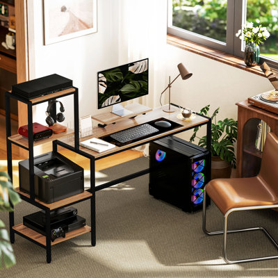 Bureau d'ordinateur avec support pour écran, bureau à domicile réversible à 4 niveaux avec tablette pour imprimante ou support pour unité centrale, bureau d'écriture industriel, brun