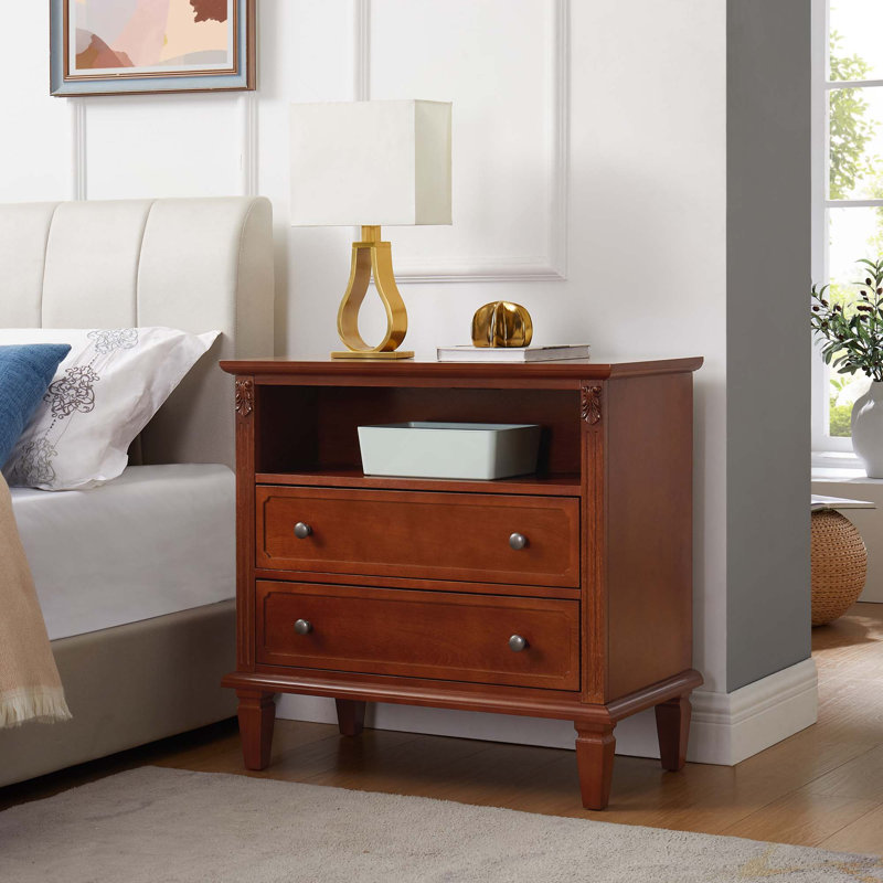 Table de chevet commode 2 tiroirs avec station de charge, table de bout Farmhouse avec ports et prises USB, table d'appoint cannelée avec pieds en bois massif