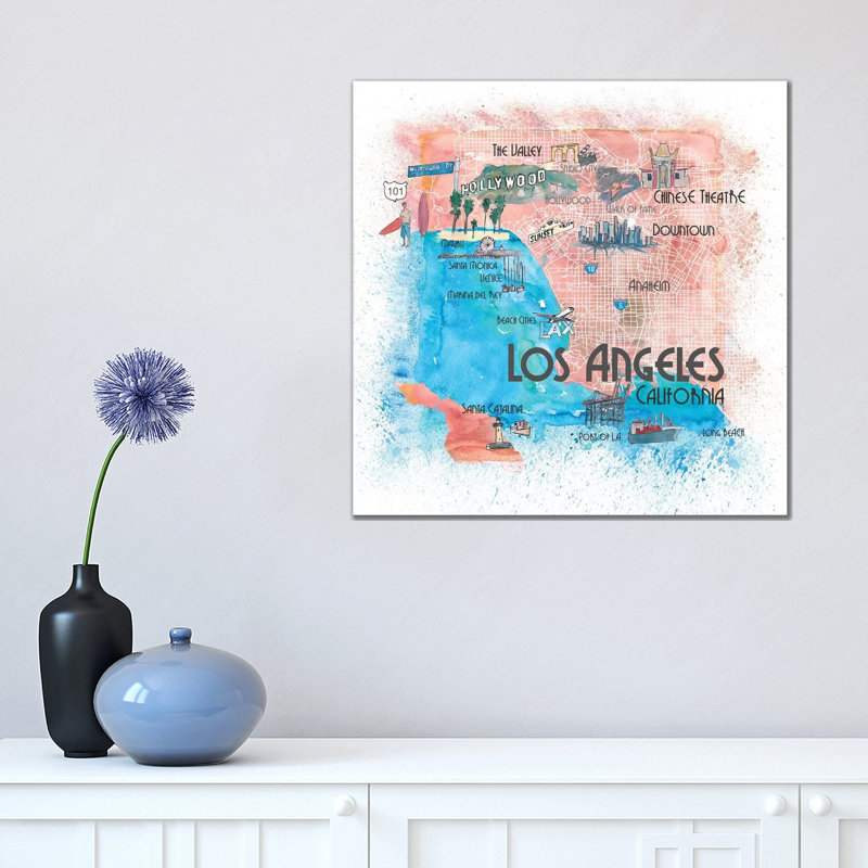 Los Angeles USA Illustrated Map 1 Piece Painting on Canvas, 45.72cm H x 45.72cm W x 3.81cm D, Wrapped Canvas