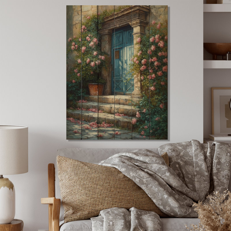 Porte de jardin bleue et rose III sur bois, H 20 po x l 10 po x P 0,78 po
