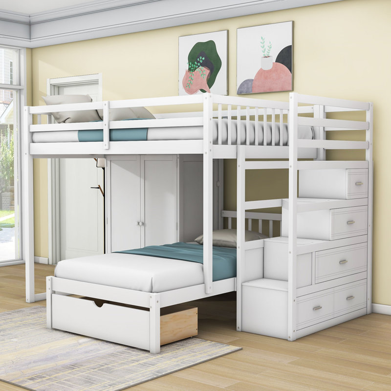 Lit superposé double au-dessus de simple avec 5 tiroirs, escalier et garde-robe, Blanc