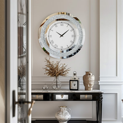Kindalyn Round Mirrored Wall Clock with Crushed Diamond Inlay