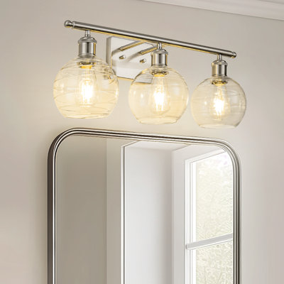 23 In. 3-Light Brushed Nickel Vanity Light With Clear Globe Glass Shades For Vanity Or Powder Room