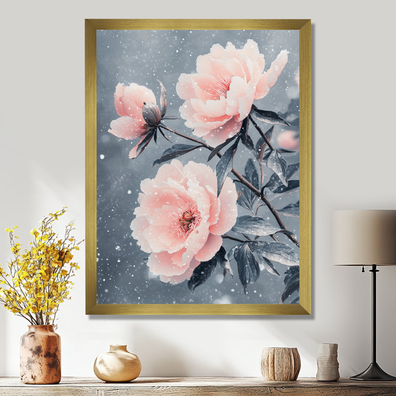 Pivoines au vent d'hiver II - décoration murale florale, H 32 po x l 16 po, Reproduction encadrée d'une seule photo, Doré