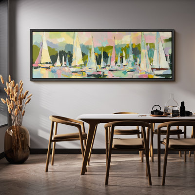 «Coastal Beach Abstract Marinas Colorful Sail Boat Living Room Extra Large», reproduction d'art sur toile encadrée
