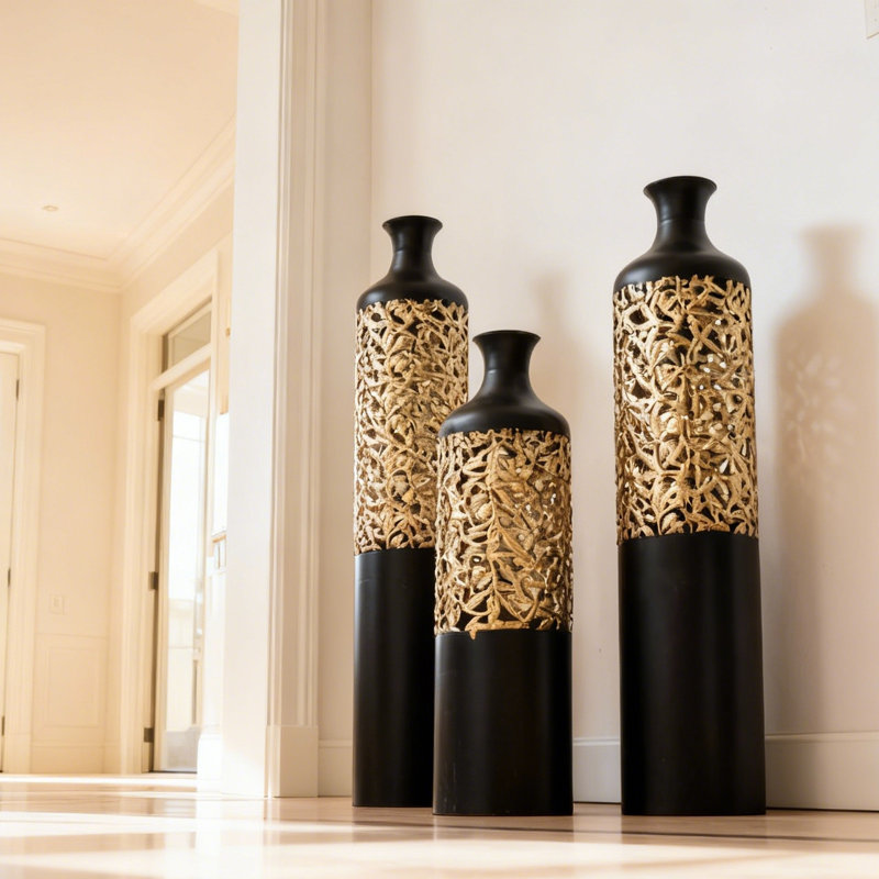 3-Piece Black & Gold Floor Vase Set - Graduated Heights for Luxury Living Room Decor