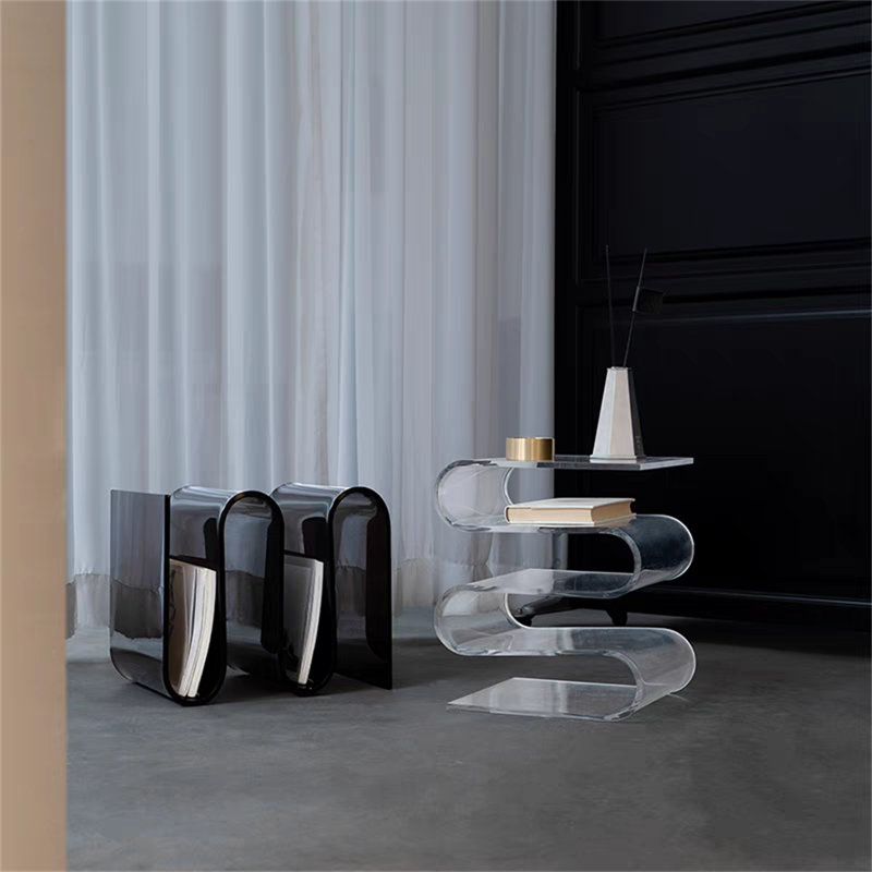 Table d'appoint en forme de S avec porte-revues en acrylique - Présentoir transparent pour salon, chambre à coucher et salle de bain