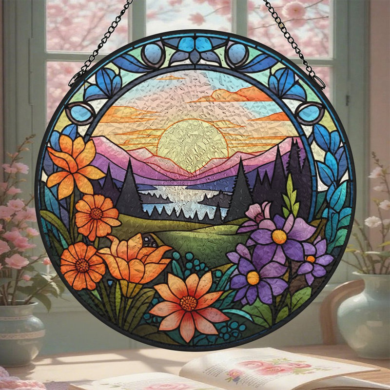 Décorations pour fenêtre en verre coloré Mountain Sunset, 9,8 x 9,8 po (25 x 25 cm)