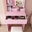 Coiffeuse rose avec miroir et lumières DEL, bureau de maquillage avec prise de courant, support pour sèche-cheveux et tabouret rembourré