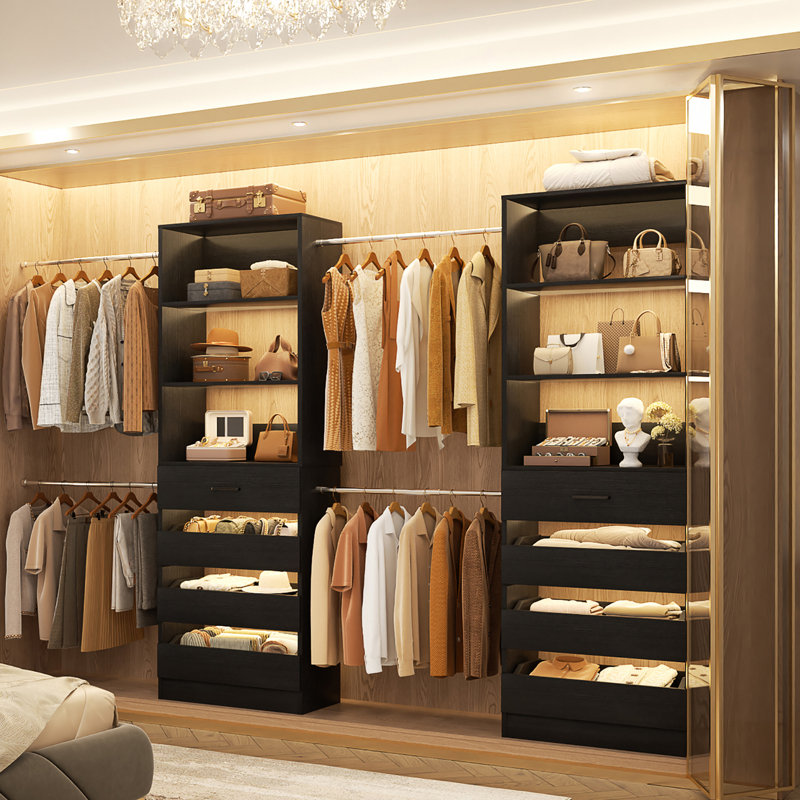 Walk-In 95.4”To 133.6” Closet System With 8 Wooden Drawers And 4 Hanging Rods, Black