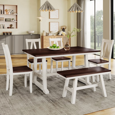 Ensemble de table de salle à manger en bois 6 pièces, table de cuisine avec long banc et 4 chaises