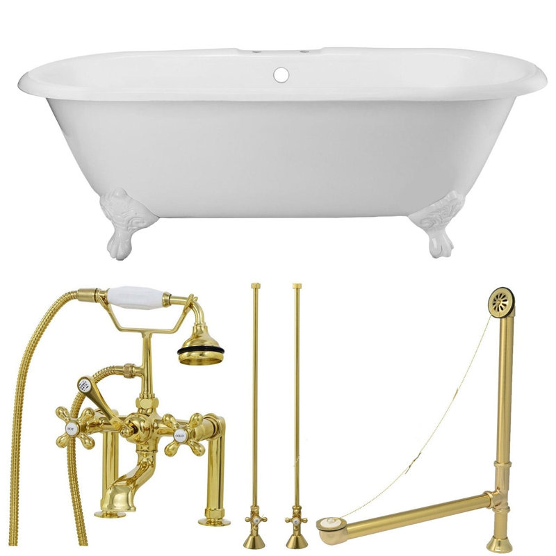 x Freestanding Bathtub, White / White Feet / Polished Brass Fixtures