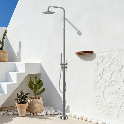 86"H 304 Stainless Steel Freestanding Outdoor Shower with Rainfall Shower Head with Handheld Shower with Temperature Control