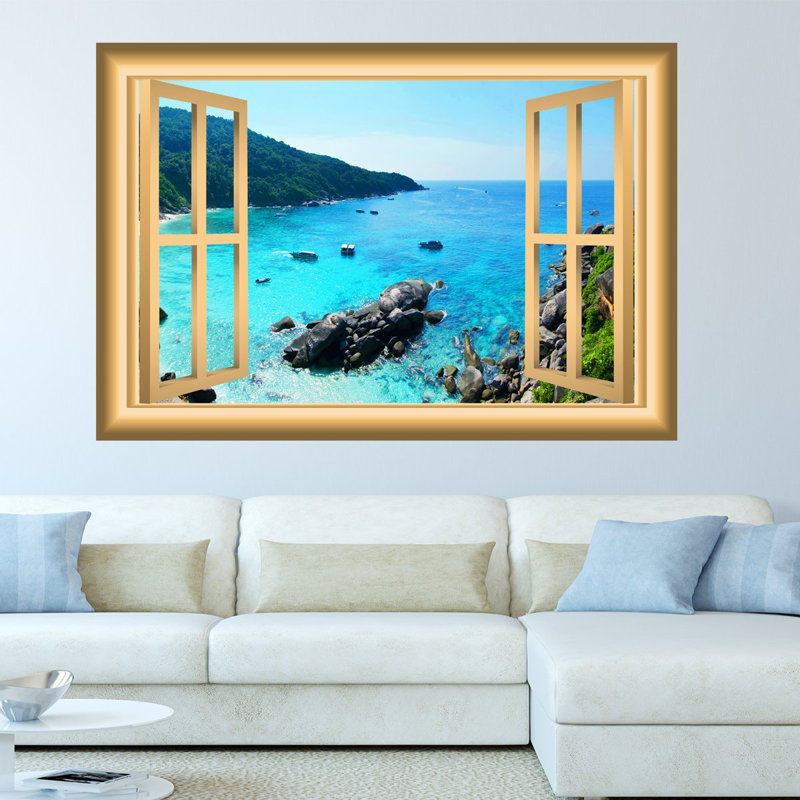 Décalcomanie murale nature de fenêtre ocean, H 36 po x l 46 po x P 0,01 po