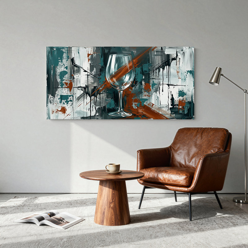 Tableau mural sur toile représentant un verre à vin avec un fond turquoise et rouille abstrait, L 46 po x H 24 po