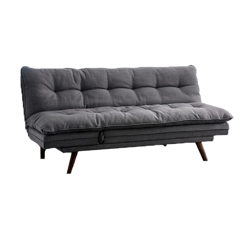 Canapé futon, revêtement en tissu gris, capitonnage à boutons, structure en bois massif