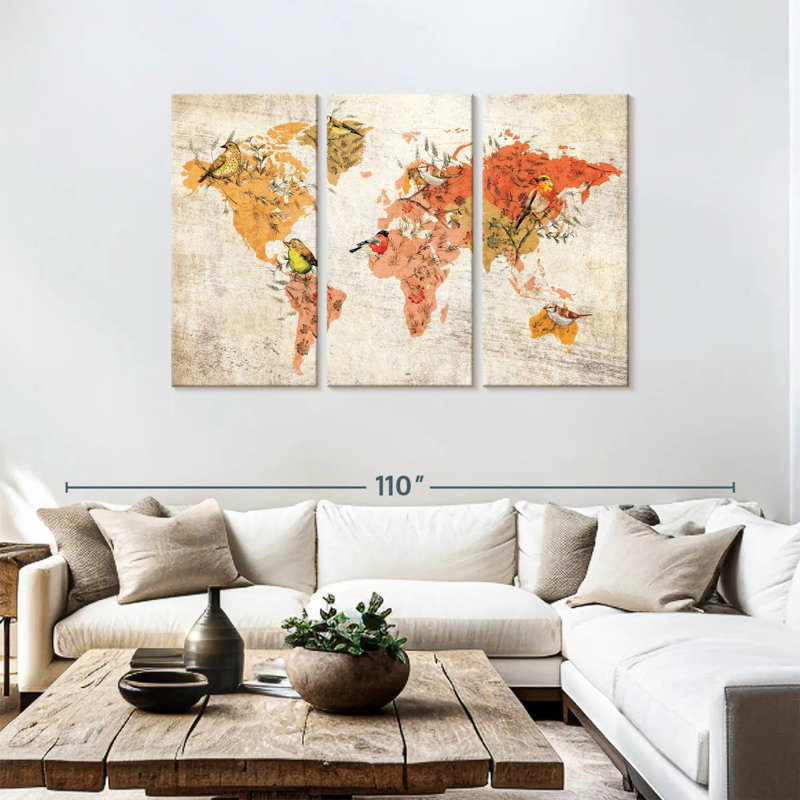 Carte du monde des oiseaux d'automne Aliaz, H 48 po x l 74 po