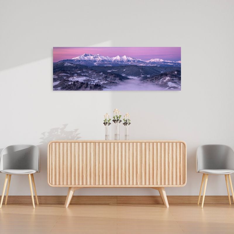«Purple Mountain Dawn», art dramatique serein abstrait, paysage de forêt, H 16 po x l 48 po