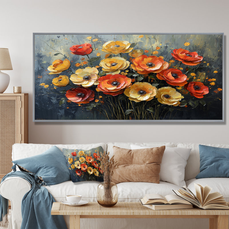 Coucher de soleil sur fond de rose dans le vent I - Roses, art mural, H 28 po x l 60 po, Impression encadrée flottante