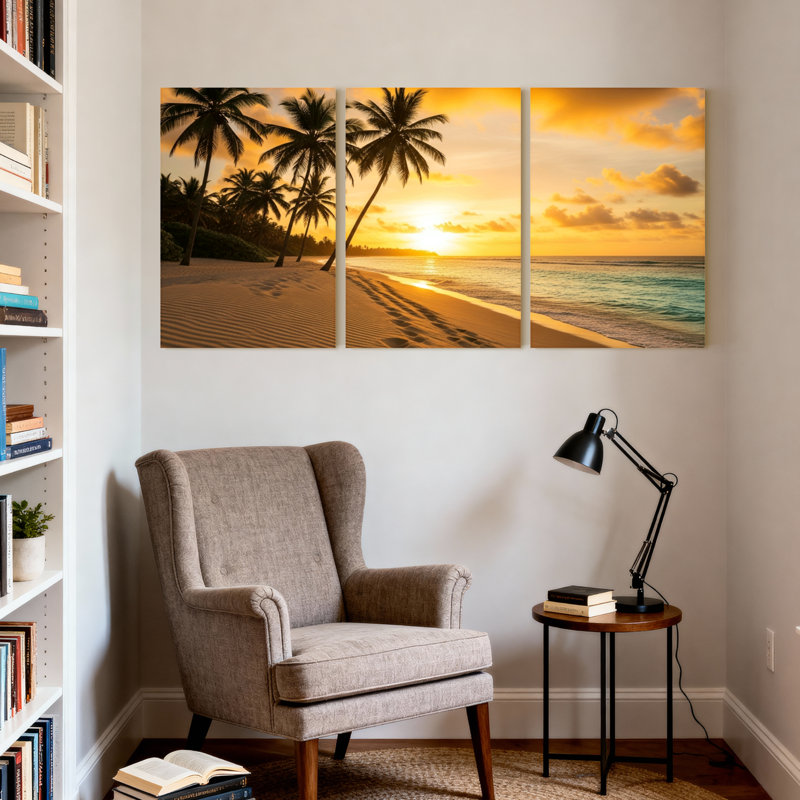 Palmiers, coucher de soleil tropical, plage, palmiers, océan, ciel, ensemble de 3 impressions sur toile, H 24 po x l 48 po