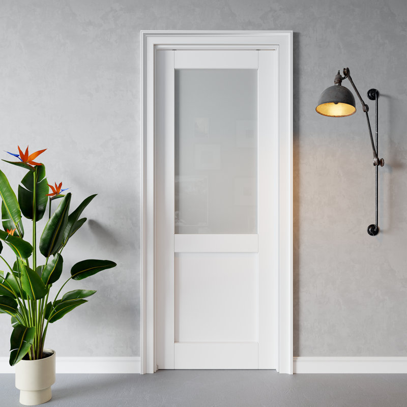 Porte semi-coulissante en verre givré et panneau apprêté blanc avec trousse de quincaillerie., 32 po x 80 po