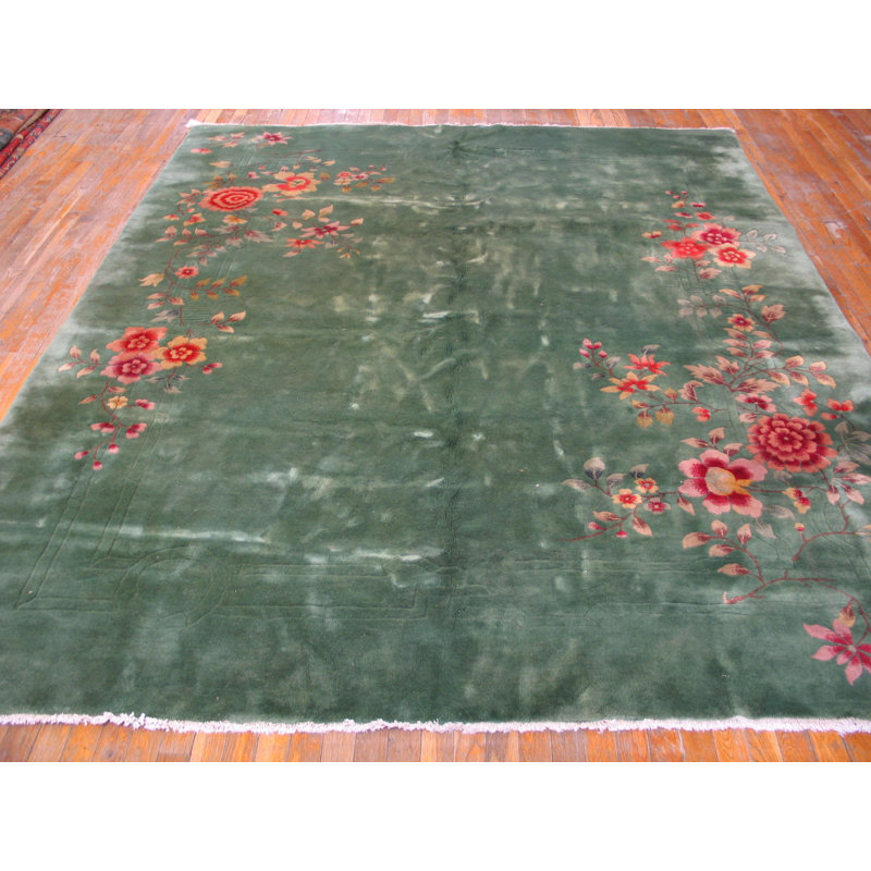Luxurious Minimalist Seafoam Green Color Antique Chinese Art Deco Rug