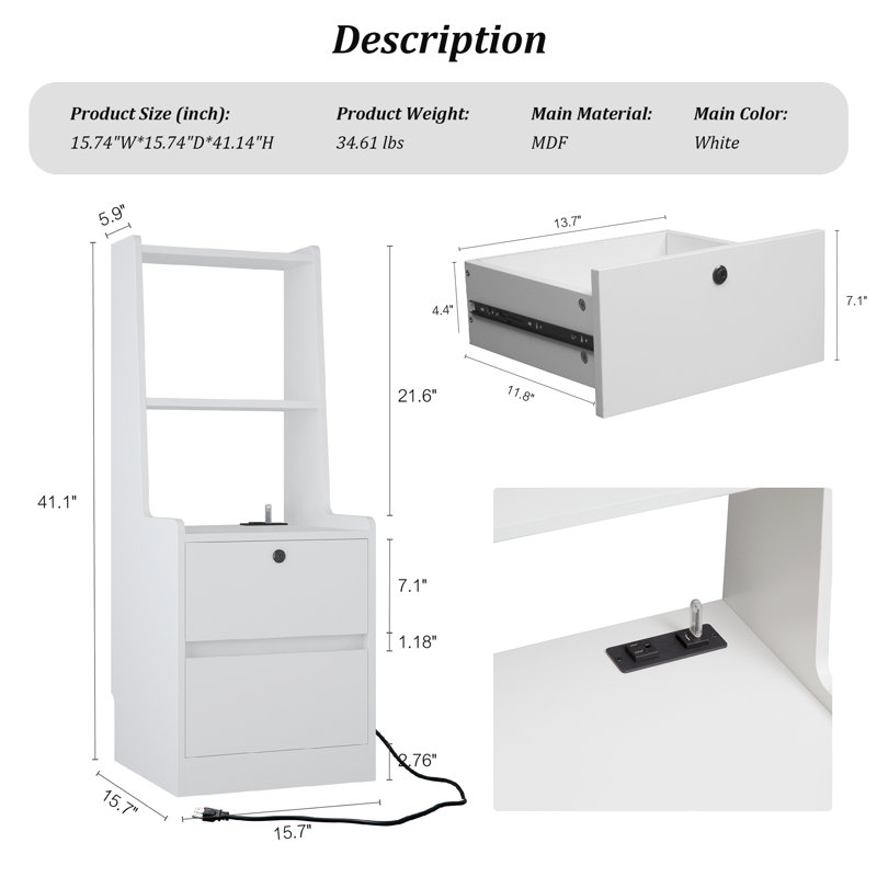 Jeannine 15.7'' W Nightstand, White