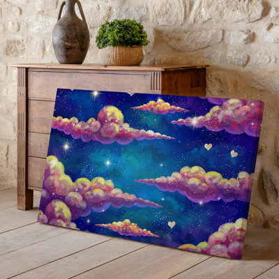 Toile, une scène fantaisiste de rêve remplie de nuages moelleux et vibrants en forme d'art mural comme des cœurs peints dans des tons de rose jaune et toile