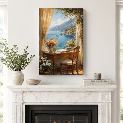Coastal Mediterranean Window View with Ocean and Sailboats Canvas Art
