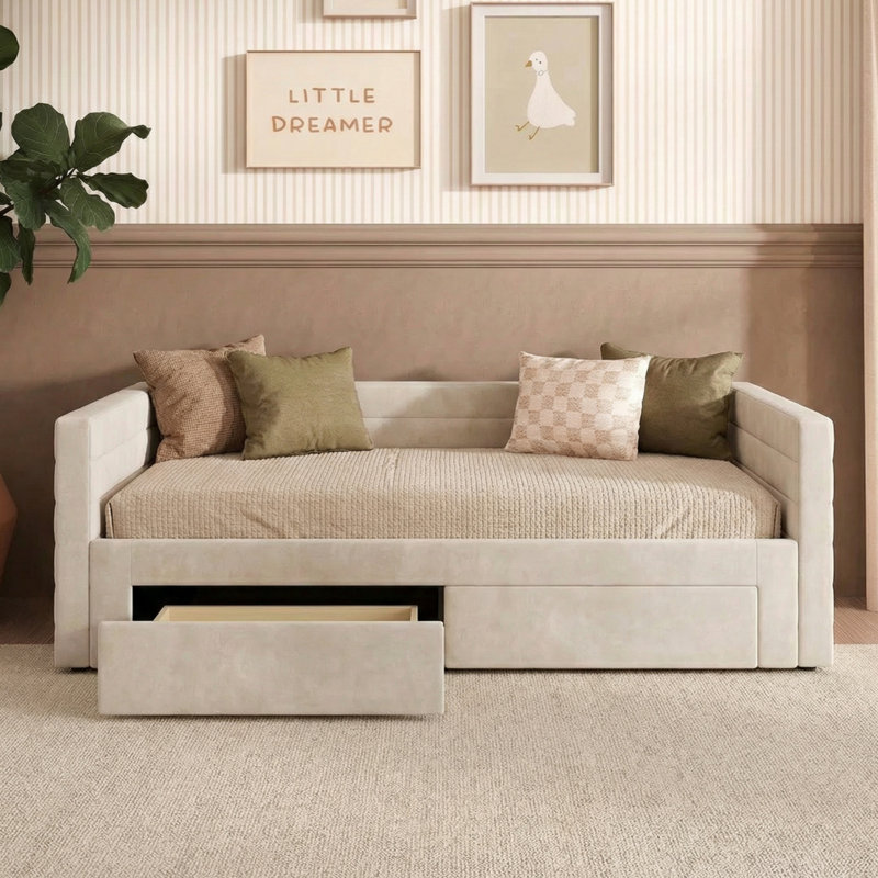 Upholstered Extendable Daybed With Trundle And Drawers, Beige