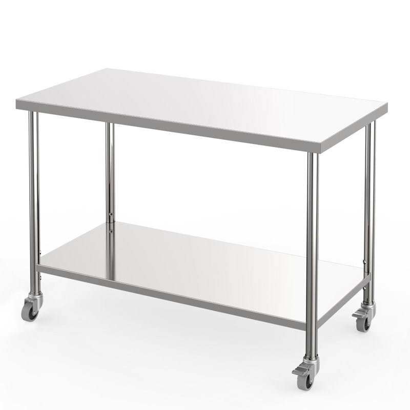 Table en acier inoxydable, table de préparation à 2 niveaux NSF 48 "x 24" avec roulettes verrouillables et sous tablette réglable, table de travail commerciale robuste pour restaurant, maison, cuisine, intérieur, extérieur
