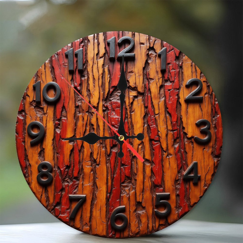 Horloge murale en bois sculpté à la main rustique rouge orange