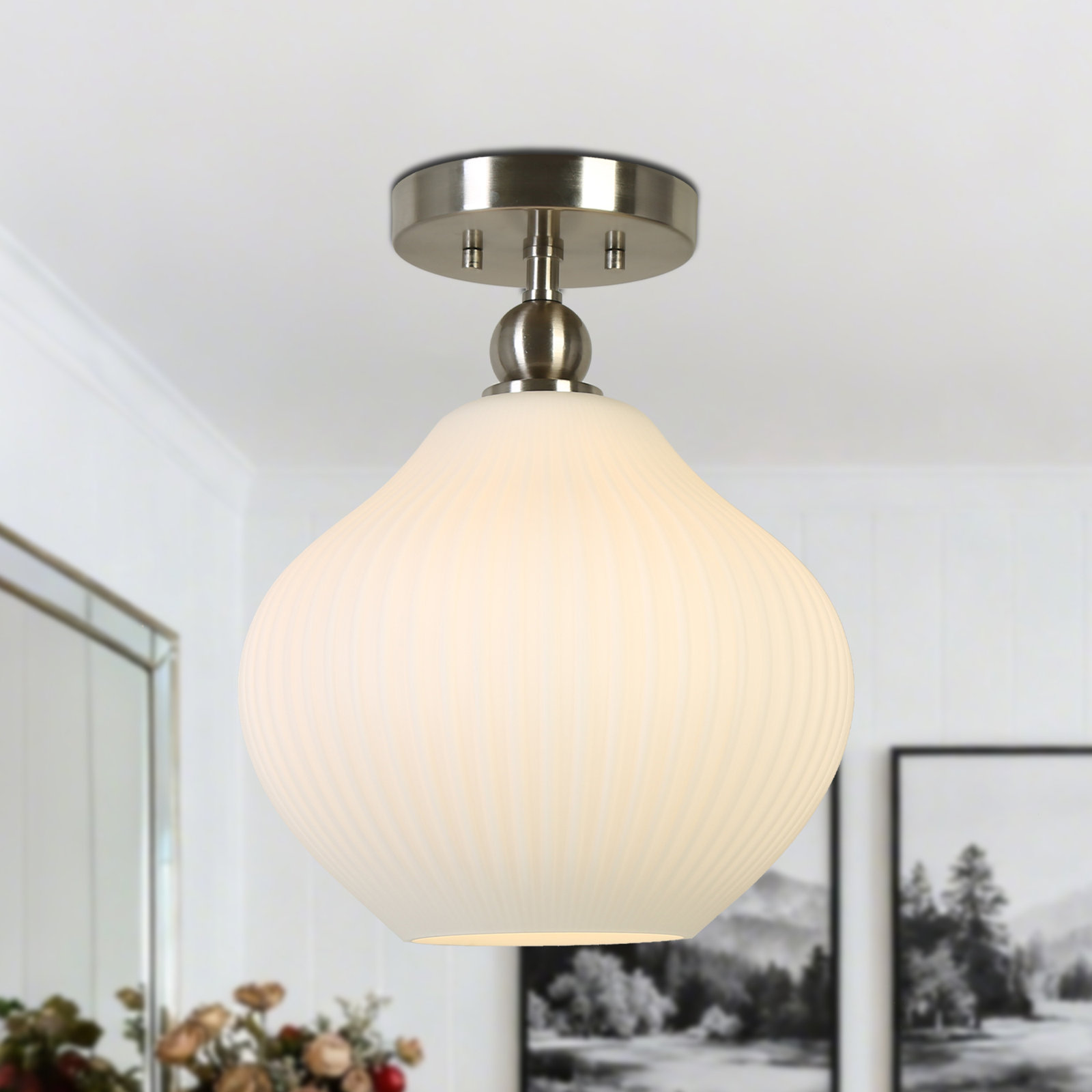 1- Light Dimmable Silver Semi Flush Mount, Silver