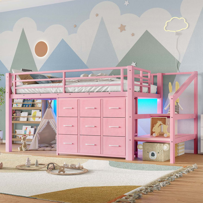 Twin Low Loft Bed with Multi-Storage Spaces, Including Fabric Drawers, Fabric Shelves, Storage Stairs, and Integrated Lights, Ideal for Small Rooms
